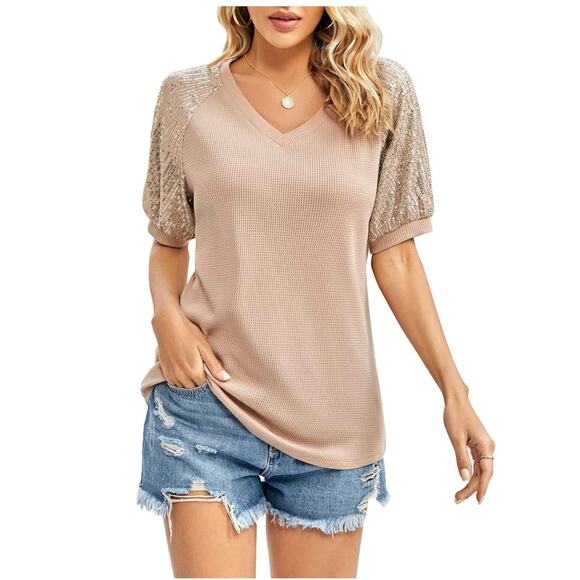 Womens Sequin Short Sleeve T Shirts V Neck Tunic‎ Top Pink NWT Large - Picture 1 of 5